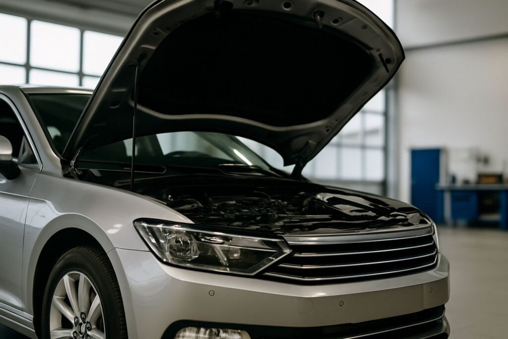 Professionelle Fahrzeuginspektion mit geöffneter Motorhaube in moderner Werkstatt – präzise Diagnose und hochwertige Fahrzeugtechnik