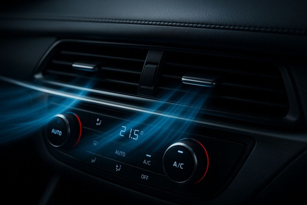 Professioneller Klimaservice im Auto – kühle, saubere Luft aus modernen Lüftungsdüsen mit digitaler Temperaturanzeige