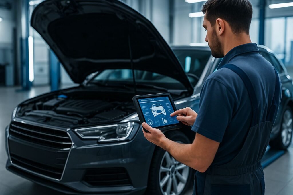 Mechaniker bei moderner Fahrzeugdiagnose in {{location_name}} – digitale Fehlerspeicheranalyse mit Tablet in der Werkstatt